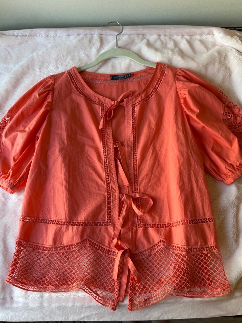 Vineyard Vines Coral Tie-Front Lace Trim Women’s Top